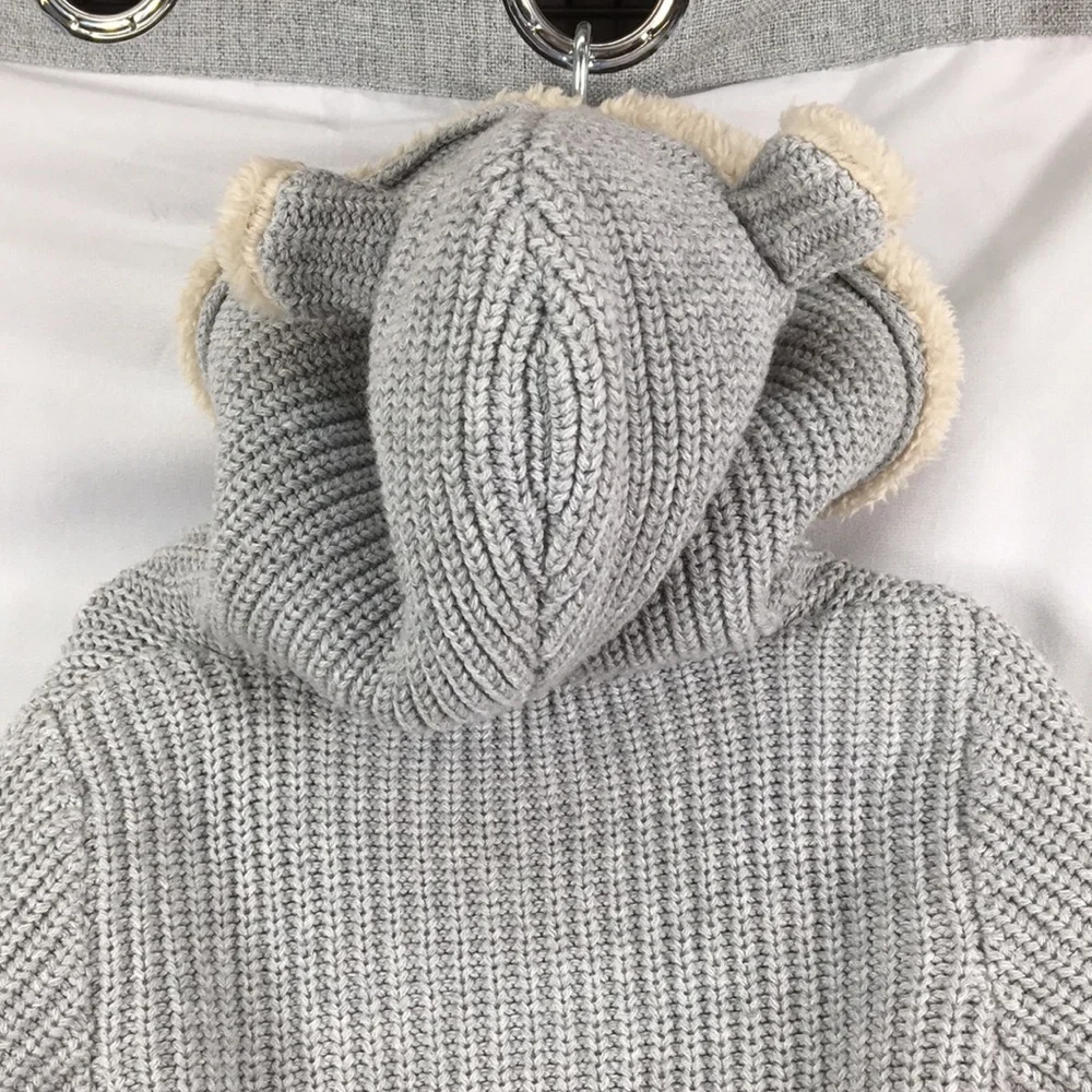 GAP Sherpa Gray Knit Sweater Animal Ears Hoodie Size 12-18M Great Condition